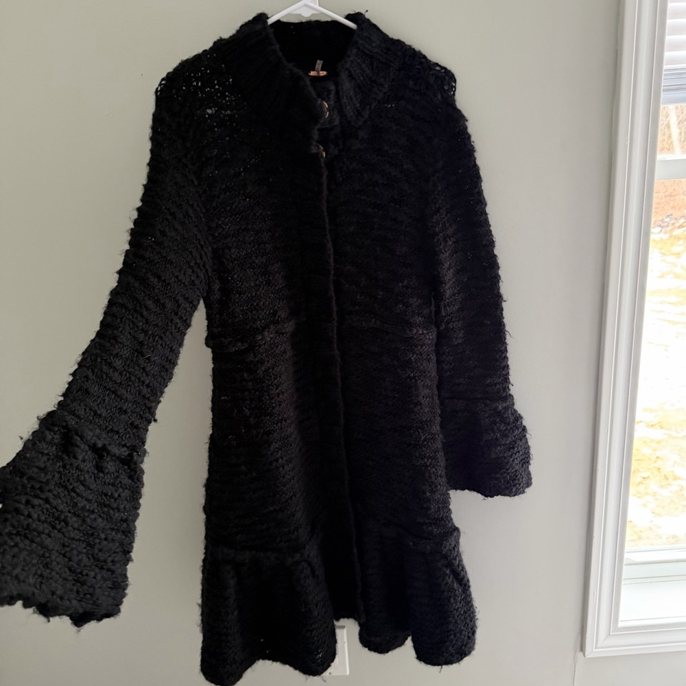 Free People Black Textured Knit Cape Coat